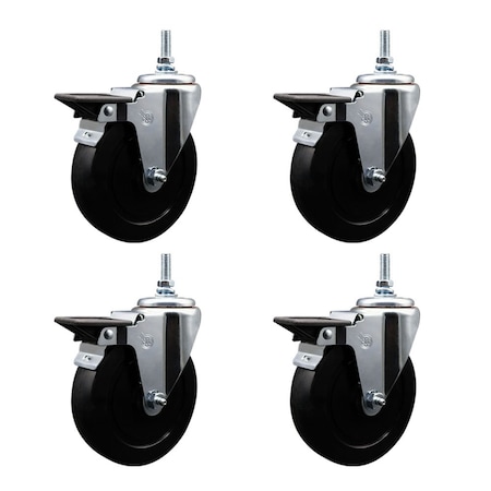 Service Caster 5 Inch Soft Rubber 12 MM Threaded Stem Caster Set with Brake SCC-TS20S514-SRS-PLB-M1215-4